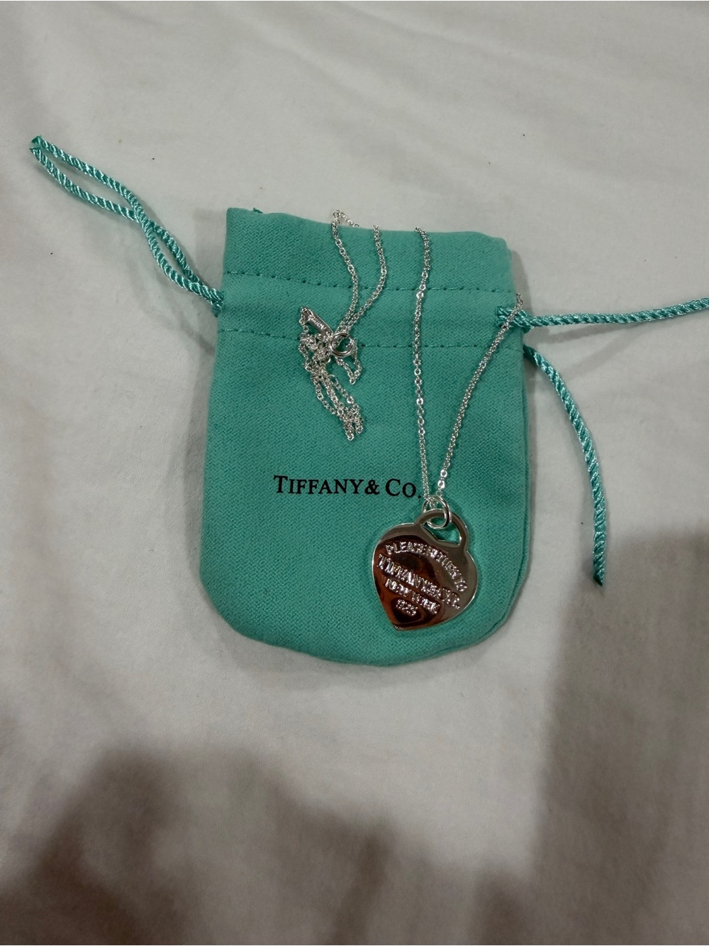 Tiffany & Co. Silver Heart Tag Necklace with Signature Aqua Pouch